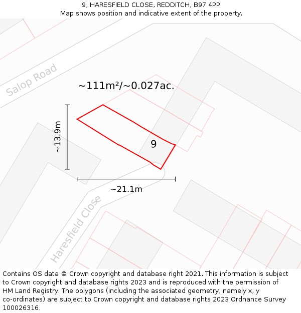 9, HARESFIELD CLOSE, REDDITCH, B97 4PP: Plot and title map