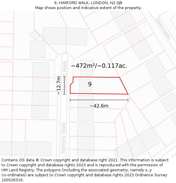 9, HARFORD WALK, LONDON, N2 0JB: Plot and title map