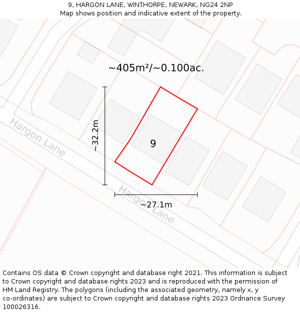 9, HARGON LANE, WINTHORPE, NEWARK, NG24 2NP: Plot and title map