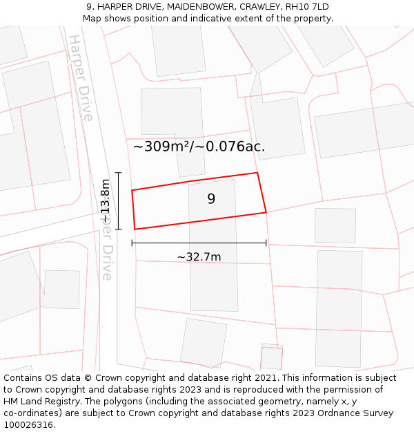 9, HARPER DRIVE, MAIDENBOWER, CRAWLEY, RH10 7LD: Plot and title map