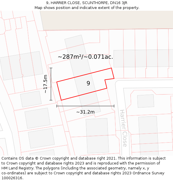 9, HARRIER CLOSE, SCUNTHORPE, DN16 3JR: Plot and title map