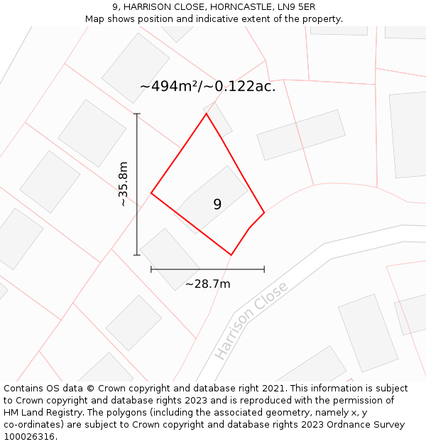 9, HARRISON CLOSE, HORNCASTLE, LN9 5ER: Plot and title map