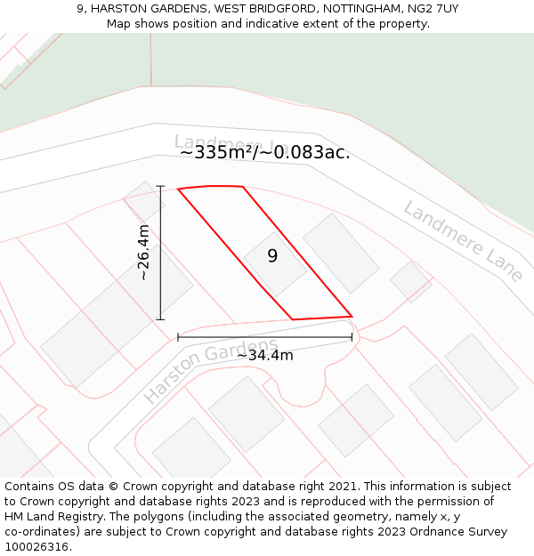 9, HARSTON GARDENS, WEST BRIDGFORD, NOTTINGHAM, NG2 7UY: Plot and title map