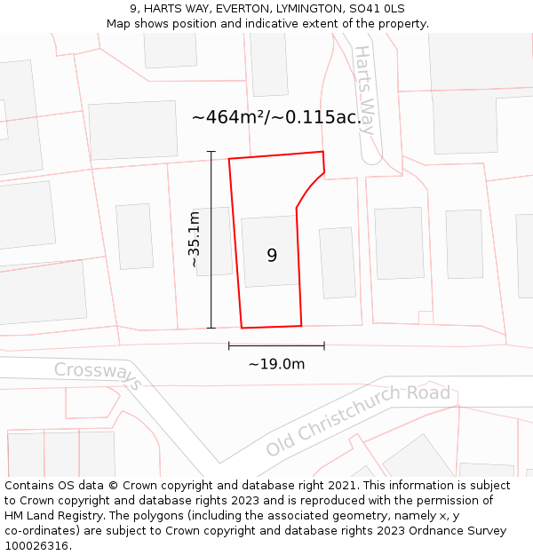 9, HARTS WAY, EVERTON, LYMINGTON, SO41 0LS: Plot and title map