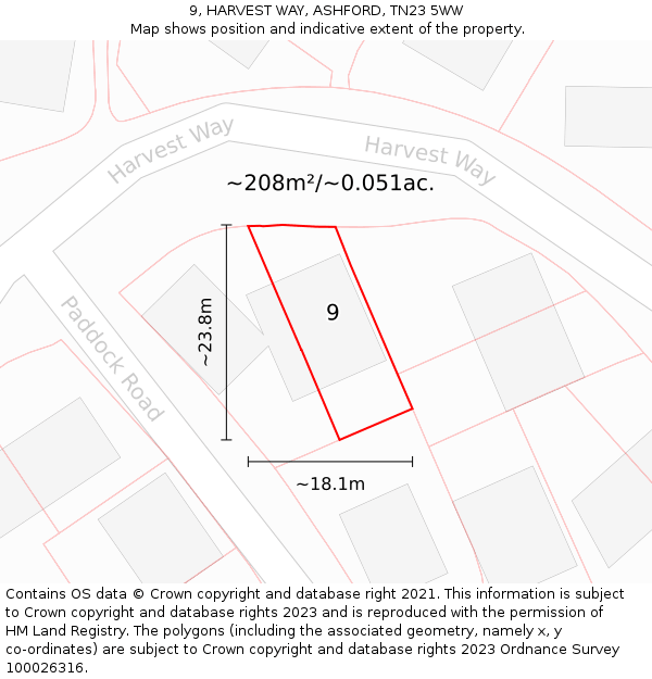 9, HARVEST WAY, ASHFORD, TN23 5WW: Plot and title map