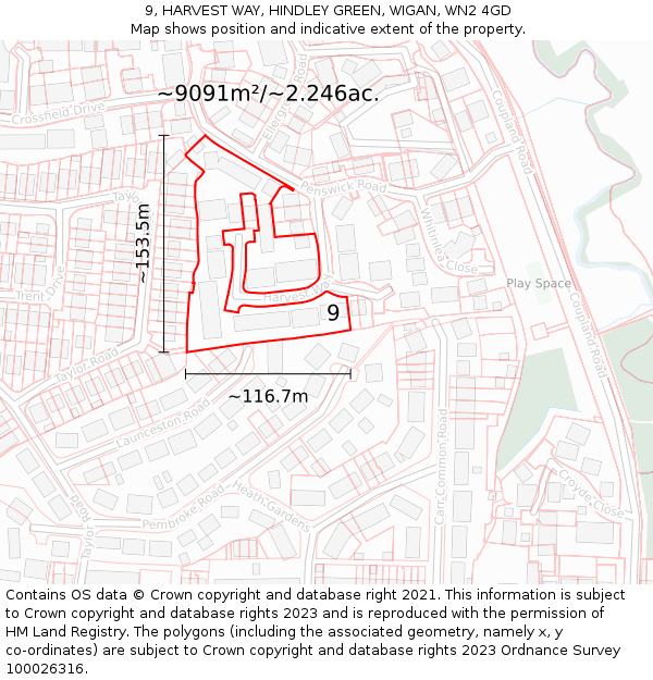 9, HARVEST WAY, HINDLEY GREEN, WIGAN, WN2 4GD: Plot and title map