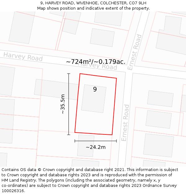 9, HARVEY ROAD, WIVENHOE, COLCHESTER, CO7 9LH: Plot and title map