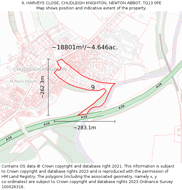 9, HARVEYS CLOSE, CHUDLEIGH KNIGHTON, NEWTON ABBOT, TQ13 0PE: Plot and title map