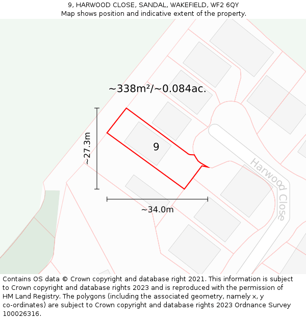 9, HARWOOD CLOSE, SANDAL, WAKEFIELD, WF2 6QY: Plot and title map