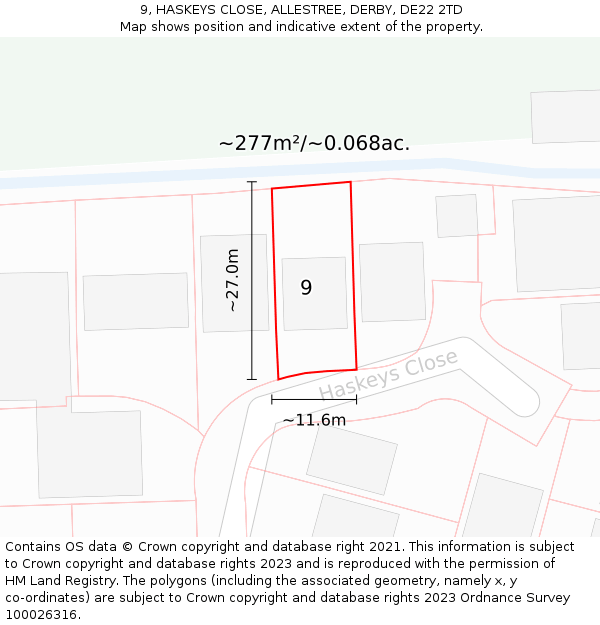 9, HASKEYS CLOSE, ALLESTREE, DERBY, DE22 2TD: Plot and title map