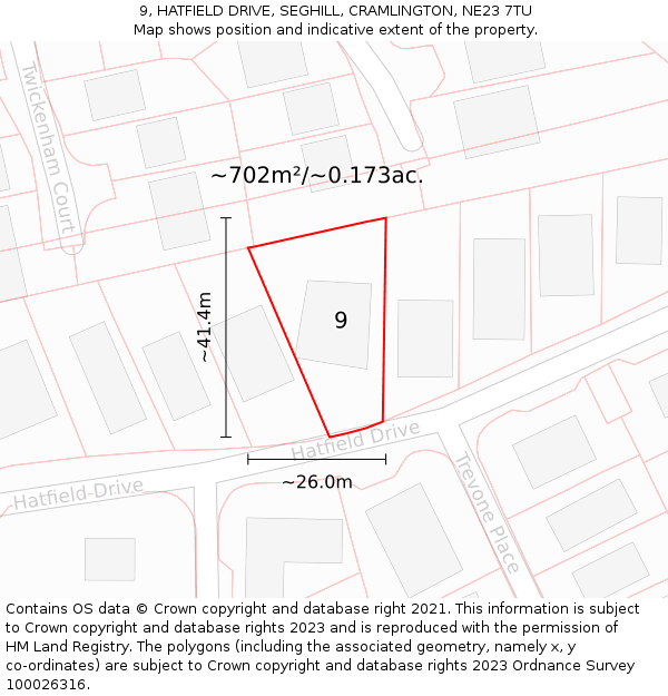 9, HATFIELD DRIVE, SEGHILL, CRAMLINGTON, NE23 7TU: Plot and title map