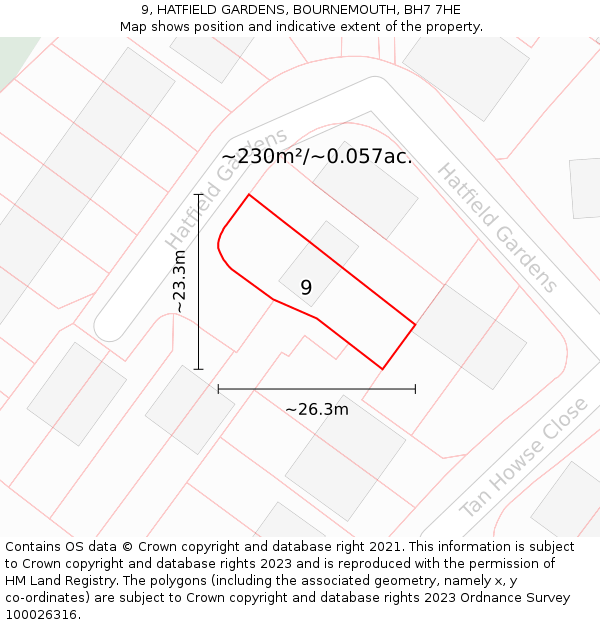 9, HATFIELD GARDENS, BOURNEMOUTH, BH7 7HE: Plot and title map