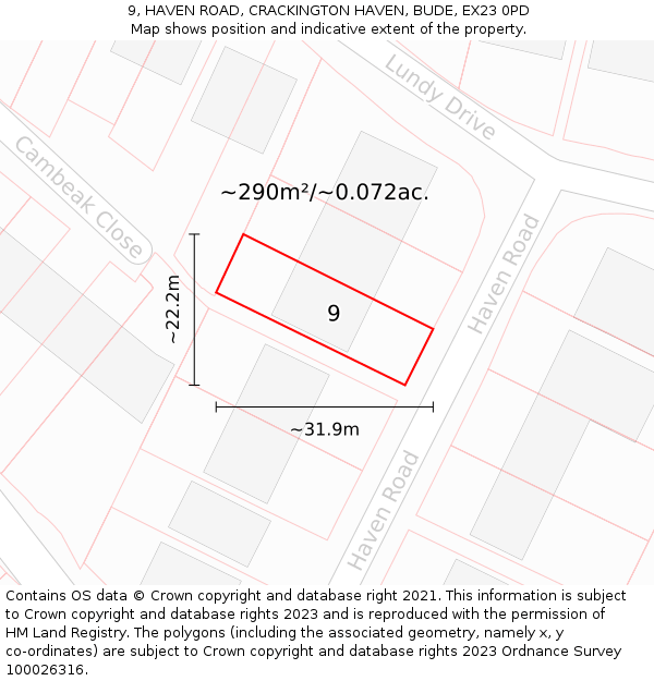 9, HAVEN ROAD, CRACKINGTON HAVEN, BUDE, EX23 0PD: Plot and title map