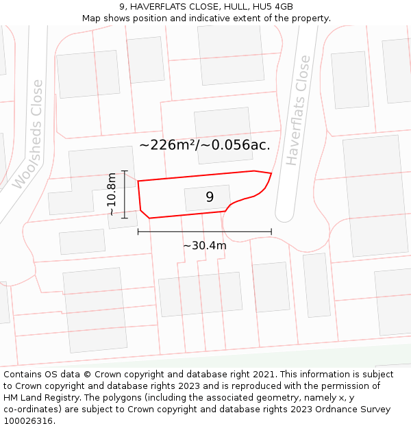 9, HAVERFLATS CLOSE, HULL, HU5 4GB: Plot and title map