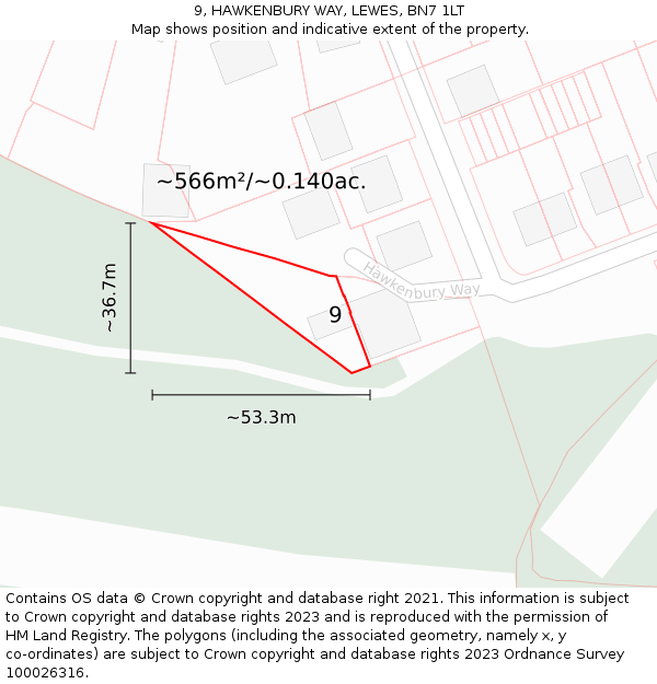 9, HAWKENBURY WAY, LEWES, BN7 1LT: Plot and title map