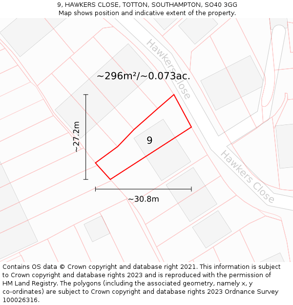 9, HAWKERS CLOSE, TOTTON, SOUTHAMPTON, SO40 3GG: Plot and title map