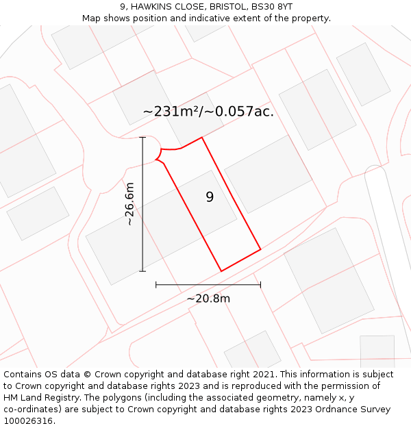 9, HAWKINS CLOSE, BRISTOL, BS30 8YT: Plot and title map