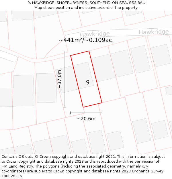 9, HAWKRIDGE, SHOEBURYNESS, SOUTHEND-ON-SEA, SS3 8AU: Plot and title map