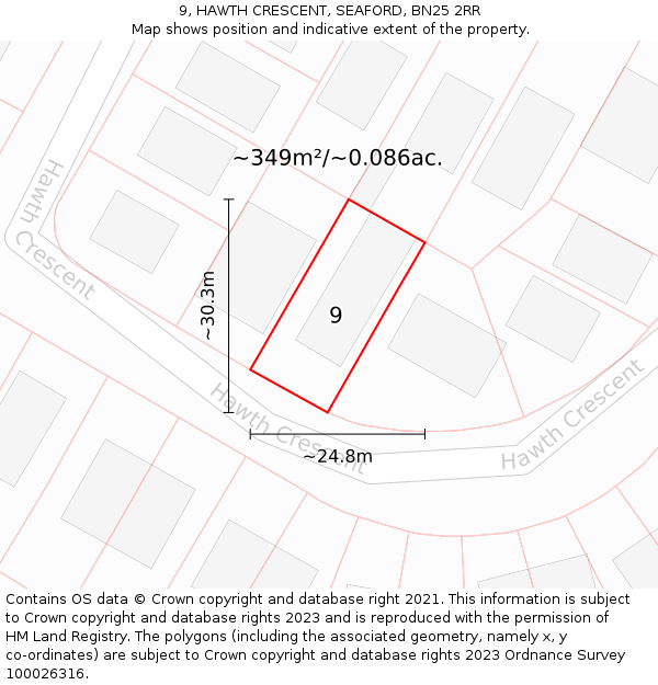 9, HAWTH CRESCENT, SEAFORD, BN25 2RR: Plot and title map