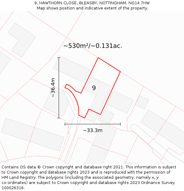 9, HAWTHORN CLOSE, BLEASBY, NOTTINGHAM, NG14 7HW: Plot and title map