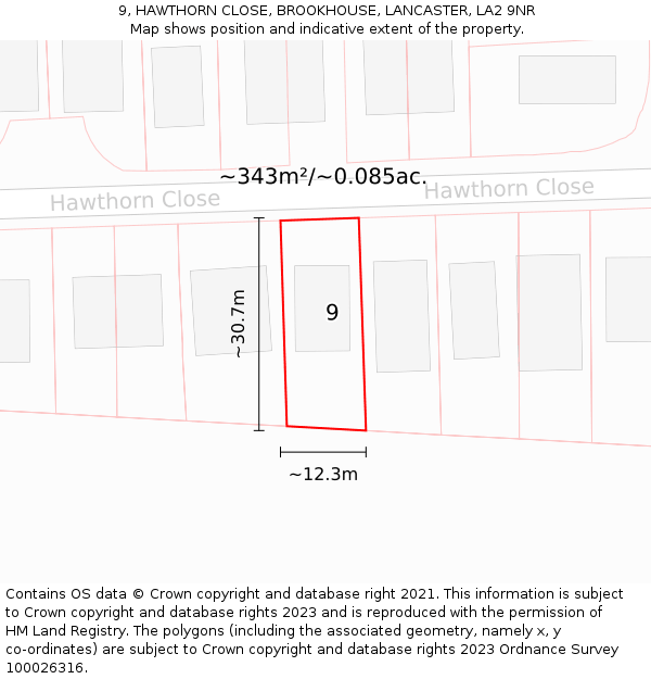 9, HAWTHORN CLOSE, BROOKHOUSE, LANCASTER, LA2 9NR: Plot and title map