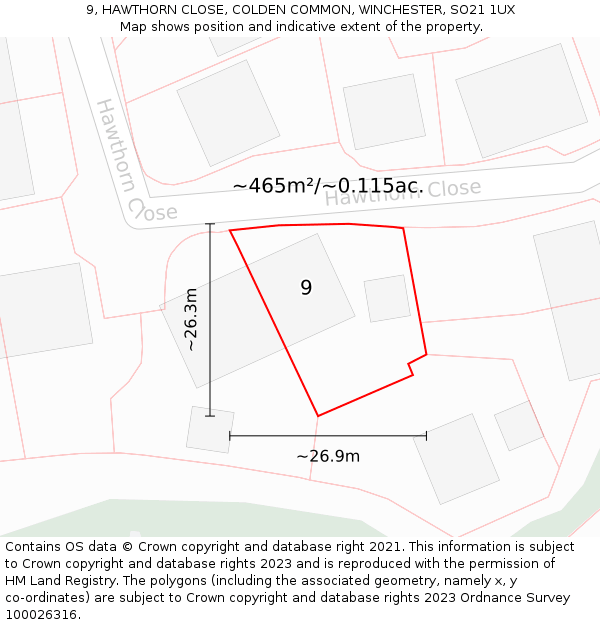 9, HAWTHORN CLOSE, COLDEN COMMON, WINCHESTER, SO21 1UX: Plot and title map