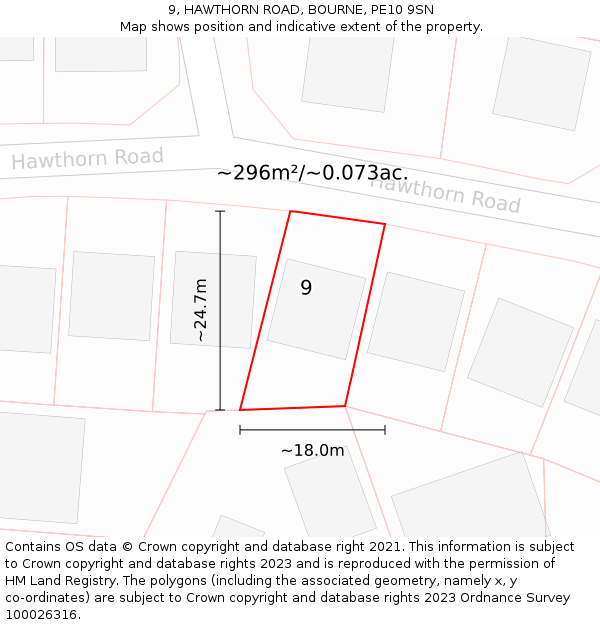 9, HAWTHORN ROAD, BOURNE, PE10 9SN: Plot and title map