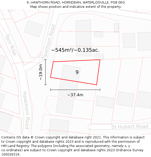 9, HAWTHORN ROAD, HORNDEAN, WATERLOOVILLE, PO8 0EG: Plot and title map