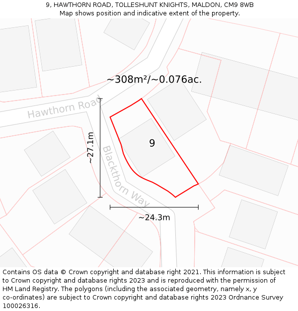 9, HAWTHORN ROAD, TOLLESHUNT KNIGHTS, MALDON, CM9 8WB: Plot and title map