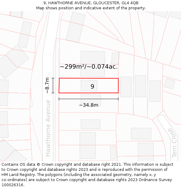 9, HAWTHORNE AVENUE, GLOUCESTER, GL4 4QB: Plot and title map