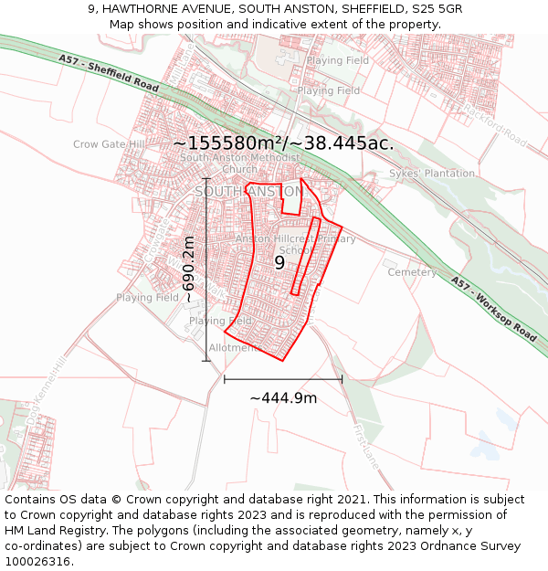 9, HAWTHORNE AVENUE, SOUTH ANSTON, SHEFFIELD, S25 5GR: Plot and title map