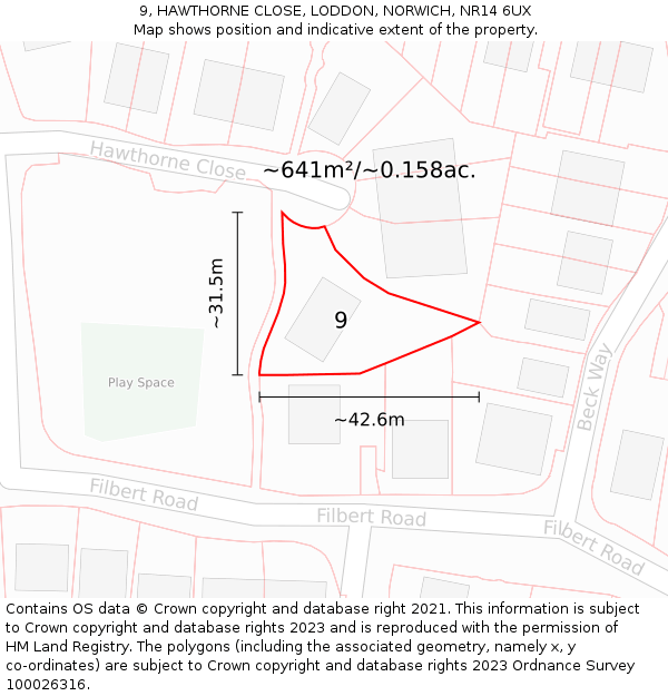 9, HAWTHORNE CLOSE, LODDON, NORWICH, NR14 6UX: Plot and title map