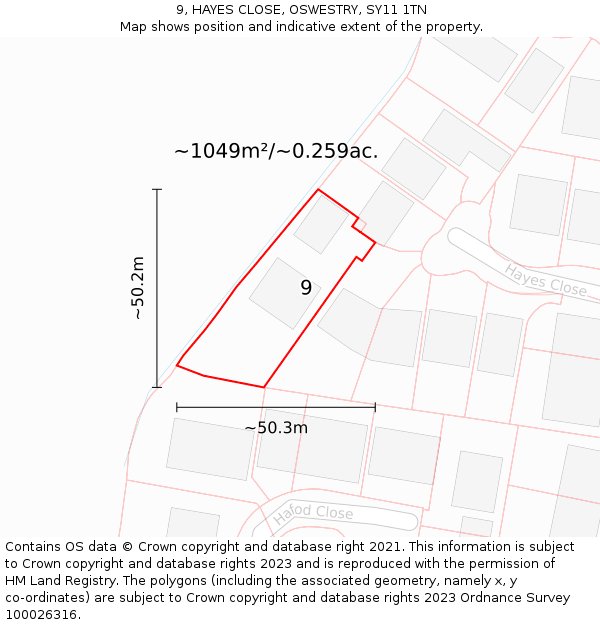 9, HAYES CLOSE, OSWESTRY, SY11 1TN: Plot and title map