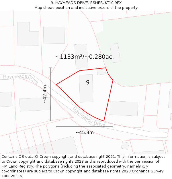 9, HAYMEADS DRIVE, ESHER, KT10 9EX: Plot and title map