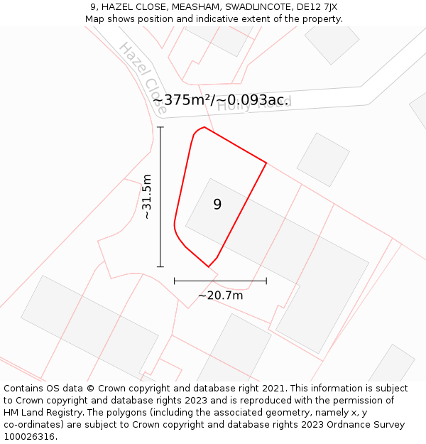 9, HAZEL CLOSE, MEASHAM, SWADLINCOTE, DE12 7JX: Plot and title map