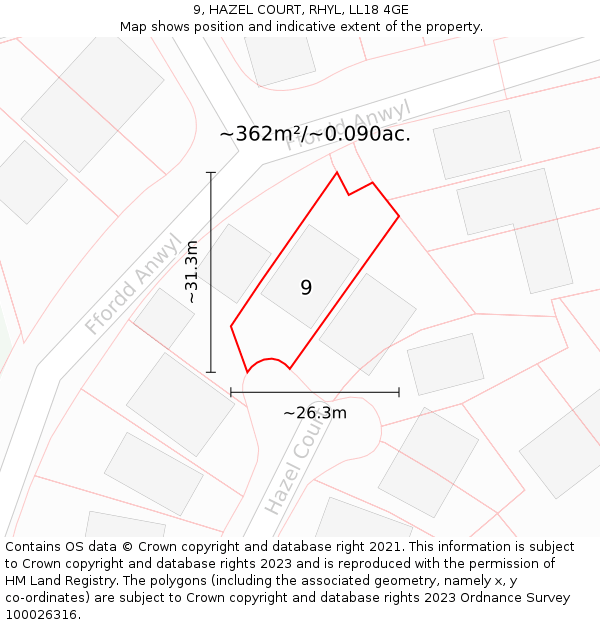 9, HAZEL COURT, RHYL, LL18 4GE: Plot and title map