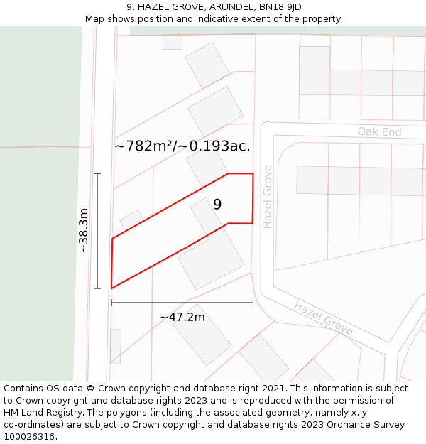 9, HAZEL GROVE, ARUNDEL, BN18 9JD: Plot and title map