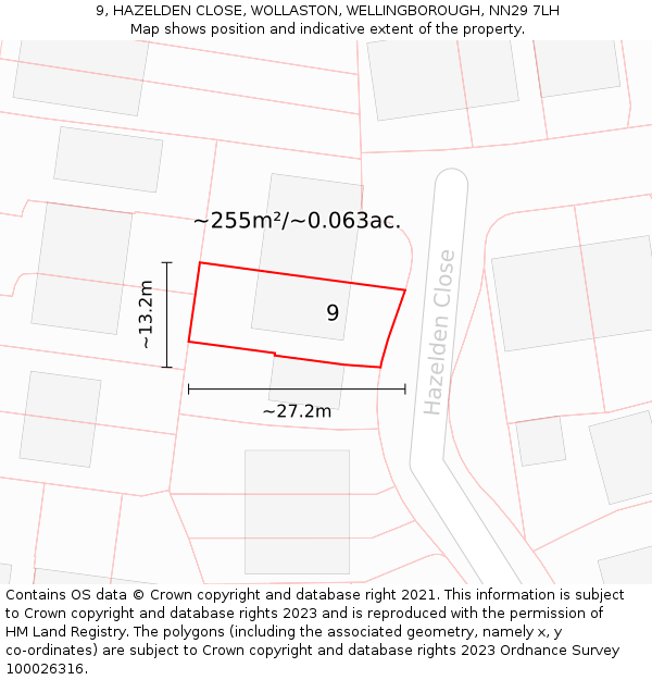 9, HAZELDEN CLOSE, WOLLASTON, WELLINGBOROUGH, NN29 7LH: Plot and title map
