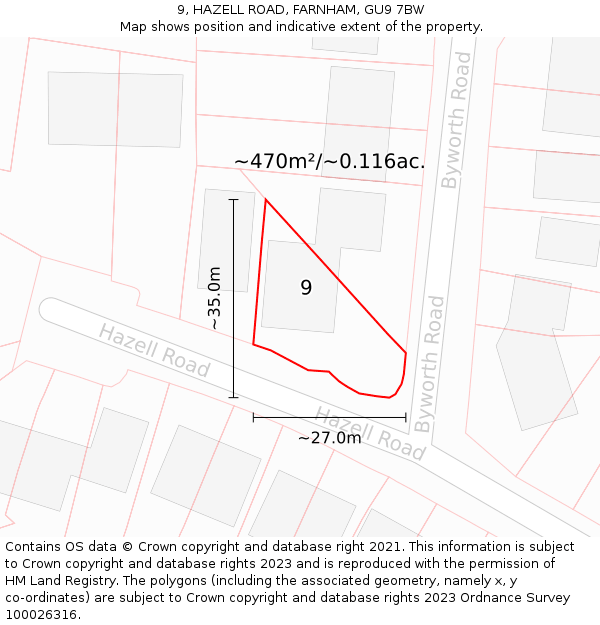 9, HAZELL ROAD, FARNHAM, GU9 7BW: Plot and title map