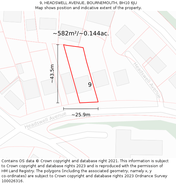 9, HEADSWELL AVENUE, BOURNEMOUTH, BH10 6JU: Plot and title map