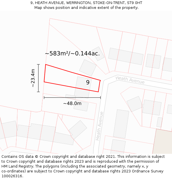 9, HEATH AVENUE, WERRINGTON, STOKE-ON-TRENT, ST9 0HT: Plot and title map