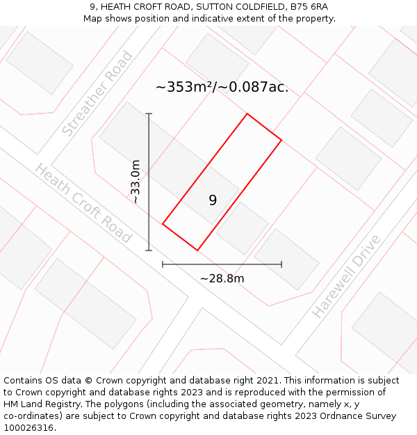 9, HEATH CROFT ROAD, SUTTON COLDFIELD, B75 6RA: Plot and title map