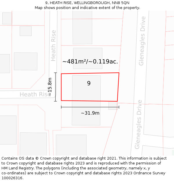 9, HEATH RISE, WELLINGBOROUGH, NN8 5QN: Plot and title map