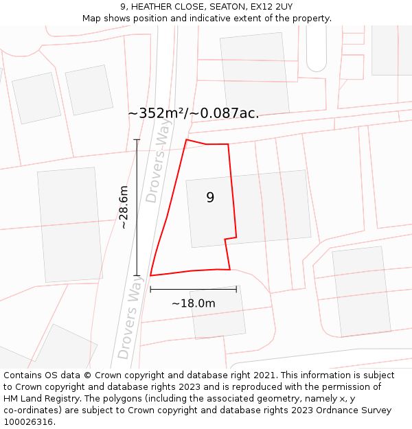 9, HEATHER CLOSE, SEATON, EX12 2UY: Plot and title map