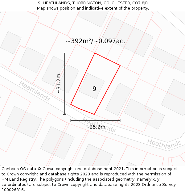 9, HEATHLANDS, THORRINGTON, COLCHESTER, CO7 8JR: Plot and title map