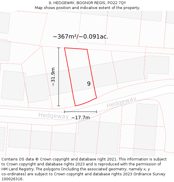 9, HEDGEWAY, BOGNOR REGIS, PO22 7QY: Plot and title map