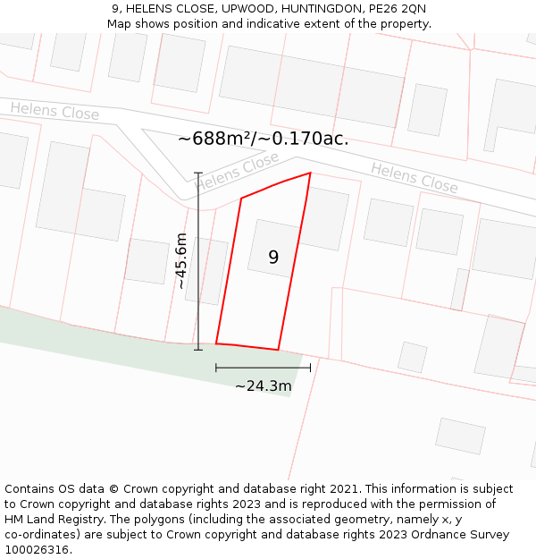 9, HELENS CLOSE, UPWOOD, HUNTINGDON, PE26 2QN: Plot and title map