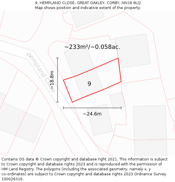 9, HEMPLAND CLOSE, GREAT OAKLEY, CORBY, NN18 8LQ: Plot and title map