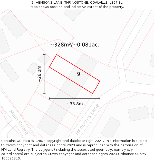 9, HENSONS LANE, THRINGSTONE, COALVILLE, LE67 8LJ: Plot and title map