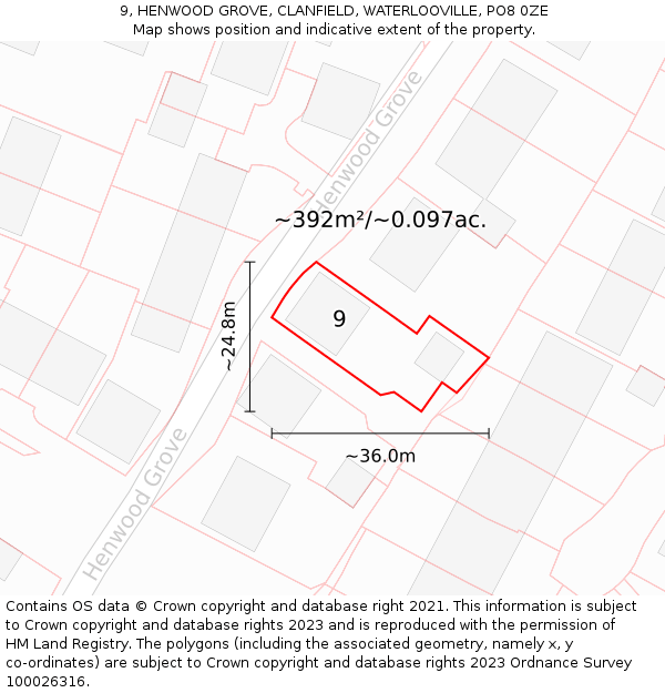 9, HENWOOD GROVE, CLANFIELD, WATERLOOVILLE, PO8 0ZE: Plot and title map